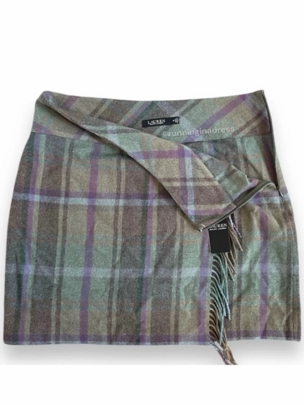 NWT Lauren Ralph Lauren Wool Plaid Kilt Skirt Fringe Tweed Wrap Green Purple 14